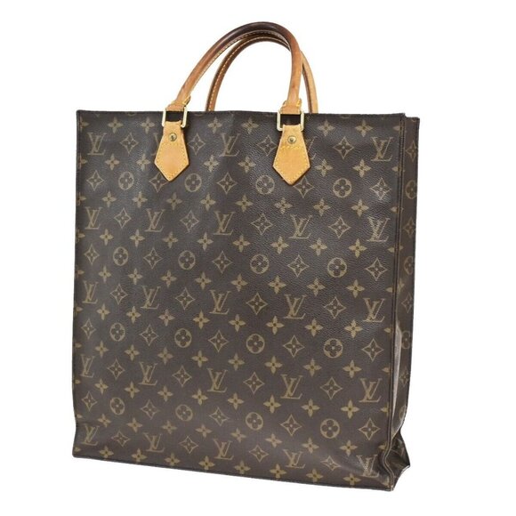 LOUIS VUITTON Logo Sac Plat Hand Tote Bag Monogram Leather Brown M51140 65ED899 - Picture 1 of 16